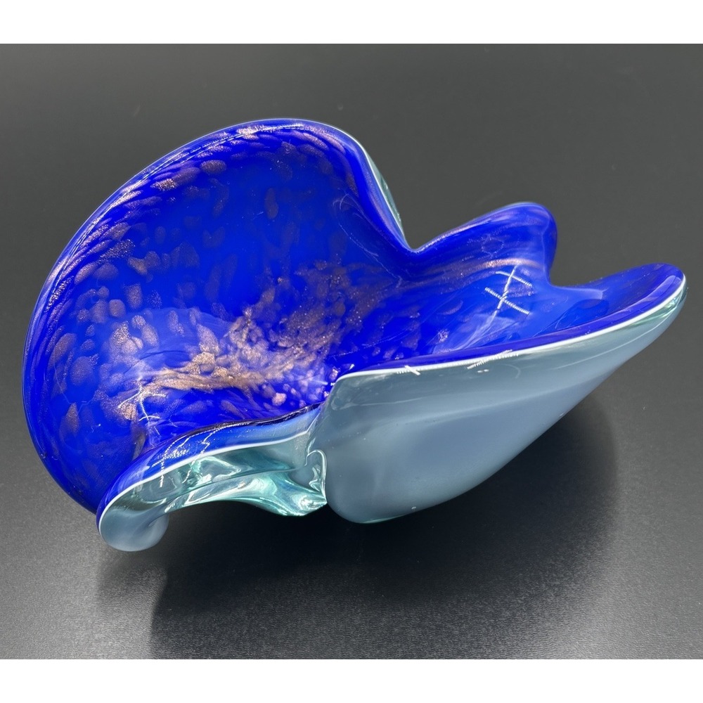 Murano Cobalt Blue Art Glass Bowl Gold Fleck Scallop Free‎ Form Italy Art Deco